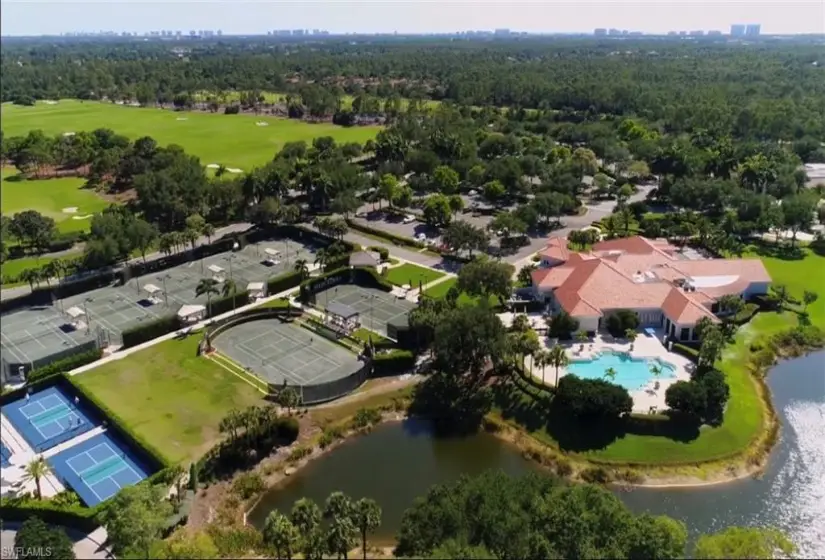 Birds eye view of property with a water view